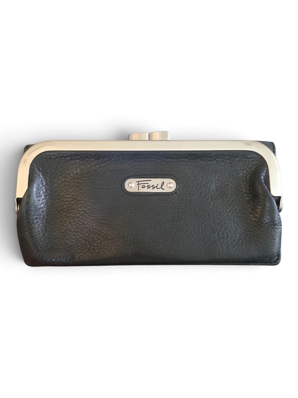 Fossil Black Leather Frame Clutch Wallet with Silver Hardware
